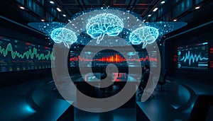 Brain Analysis Room with Futuristic Screens and Data Visualization Scene