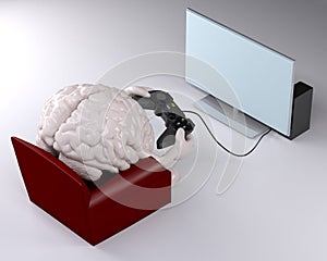 Brain on armchair with arms, legs and game controller