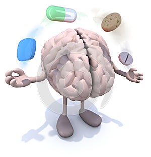 Brain with arms and legs and big pills in the air photo