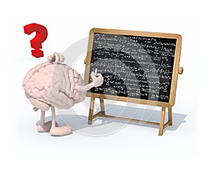 Brain with arms, legs and chalk on hand in front of blackboard