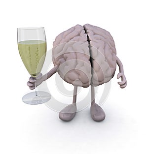 Brain with arms and legs and glass of white wine