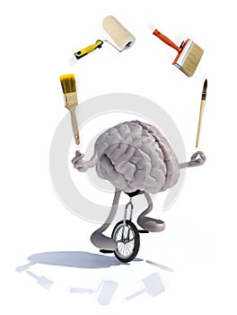 Brain with arms and legs juggle rides a unicycle