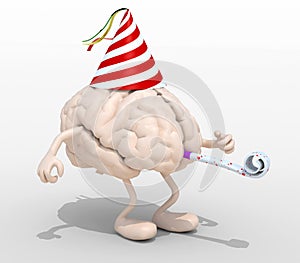 Brain with arms, legs, party cap and blowers