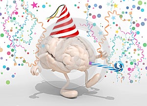 Brain with arms, legs, party cap and blowers photo