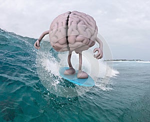 Brain with arms and legs surfing
