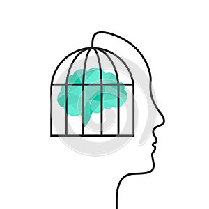Brain as prisoner inside a cage and human head concept