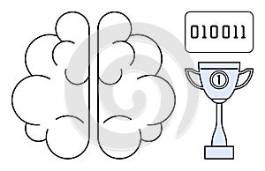 Brain with Binary Code and Trophy Artificial Intelligence and Achievement