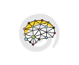 Brain blockchain logo template orange. Neuronal digital communication vector design