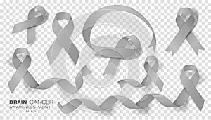 Brain Cancer Awareness Month. Grey Color Ribbon Isolated On Transparent Background. Vector Design Template For Poster