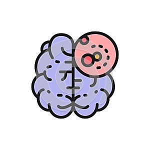 Brain cancer, malignant tumor, oncology flat color line icon.
