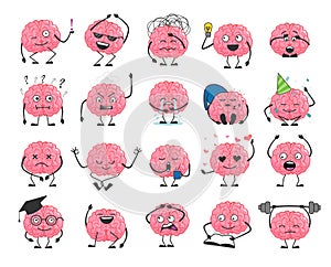 Brain cartoon character set with happy face smile.