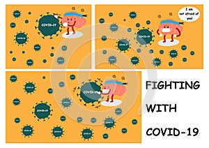 Brain cartoon characters fighting with COVID-19