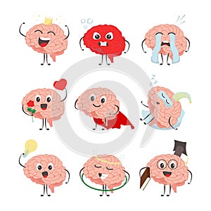Brain cartoon characters making sport exercises and different activities design vector