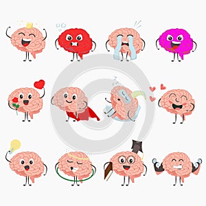 Brain cartoon characters making sport exercises and different activities design vector
