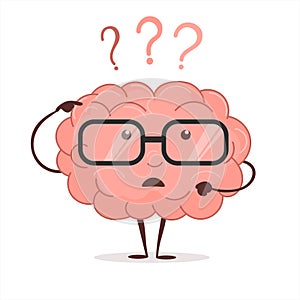 Brain cartoon with questions and glasses, human intellect thinks, Brainstorming. Vector