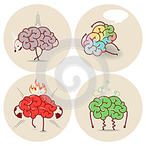 Brain cartoon, various kinds of bad habits. Anger, addict, poisoning, smoking. Vector isolated set of images