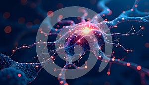 Brain cell with a complex network of branching dendrites and glowing synapses