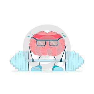 Brain Character Exercising Lifting Heavyweight Bar Over White Background, Illustration