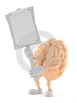 Brain character holding protest sign
