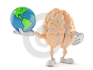 Brain character holding world globe