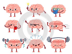 Brain characters. Happy brains in different poses and emotions, mental exercise, education metaphor creative mascot