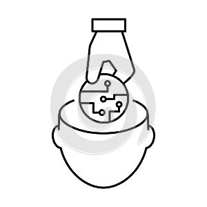 Brain chip implant technology line icon. Future of neurointerfaces and human-computer interaction.