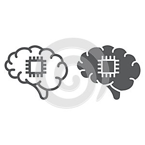 Brain with chip line and glyph icon, technology and brain, neurochip sign, vector graphics, a linear pattern on a white