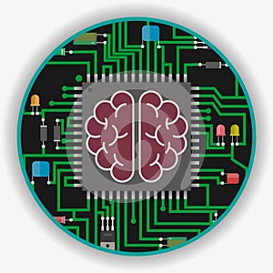 Brain and circuit board, Artificial Intelligence or AI concept.