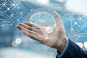 brain circuit on open hand.Artificial Intelligence or AI brain analysis information.Technology and science concept,machine
