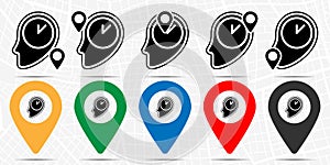 Brain, clock icon in location set. Simple glyph, flat illustration element of time theme icons