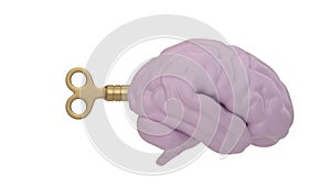 Brain with clockwork key Isolated On White Background, 3D rendering. 3D illustration