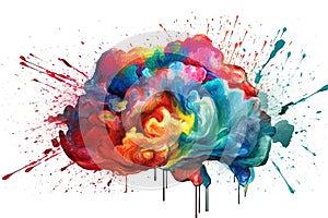 Brain with colorful paint splatter isolated on white background, human brain creative concept. Generative AI