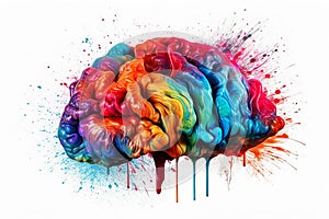 Brain with colorful paint splatter isolated on white background, human brain creative concept. Generative AI