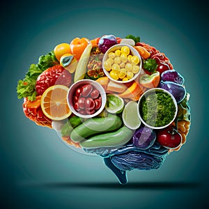 Brain composed of whole foods, nourishment for intellect, conceptual art