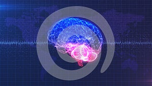 Brain computer image - digital pink, purple and blue brain with brainwave animation photo