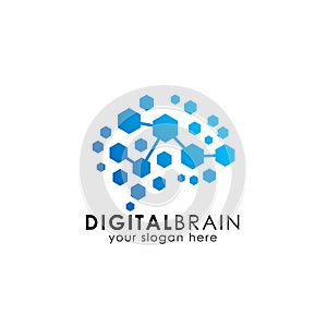 brain connection logo with hexagon. digital brain. brain hub logo Design