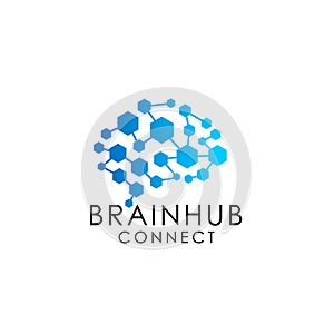 brain connection logo with hexagon. digital brain. brain hub logo design vector