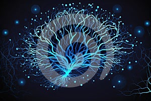 Brain connection network on blue neon abstract background. Generaive AI