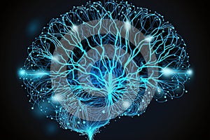 Brain connection network on blue neon abstract background. Generaive AI