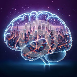 Brain Constellation Over Urban Skyline, Conceptual City Lights, Cerebral Metropolis