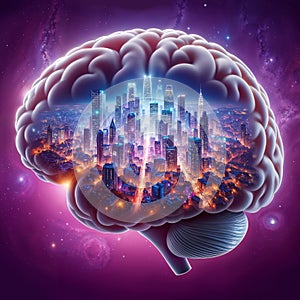 Brain Constellation Over Urban Skyline, Conceptual City Lights, Cerebral Metropolis
