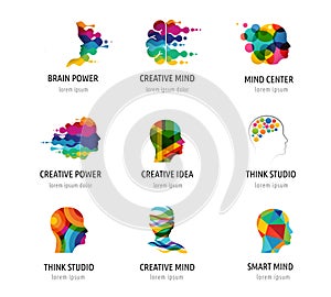 Brain, Creative mind, learning and design icons, logos. Man head, people symbols