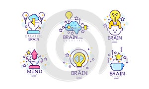 Brain and Creative Mind Logo Design with Man Head and Light Bulb Vector Set