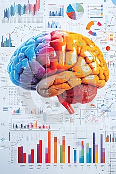 Brain Data Analysis, A visual representation of the human brain integrated with various graphs, symbolizing intelligence and