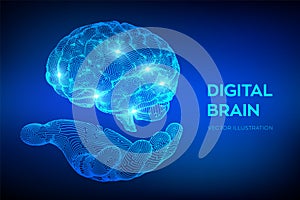 Brain. Digital brain in hand. 3D Science and Technology concept. Neural network. IQ testing, artificial intelligence virtual