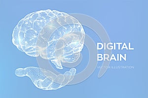 Brain. Digital brain in hand. 3D Science and Technology concept. Neural network. IQ testing, artificial intelligence virtual