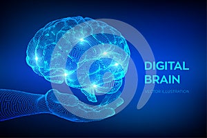 Brain. Digital brain in hand. 3D Science and Technology concept. Neural network. IQ testing, artificial intelligence virtual