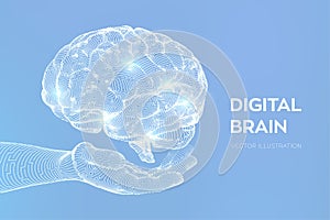 Brain. Digital brain in hand. 3D Science and Technology concept. Neural network. IQ testing, artificial intelligence virtual