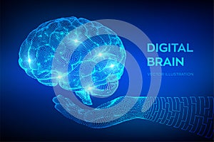 Brain. Digital brain in hand. 3D Science and Technology concept. Neural network. IQ testing, artificial intelligence virtual