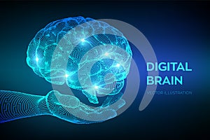 Brain. Digital brain in hand. 3D Science and Technology concept. Neural network. IQ testing, artificial intelligence virtual